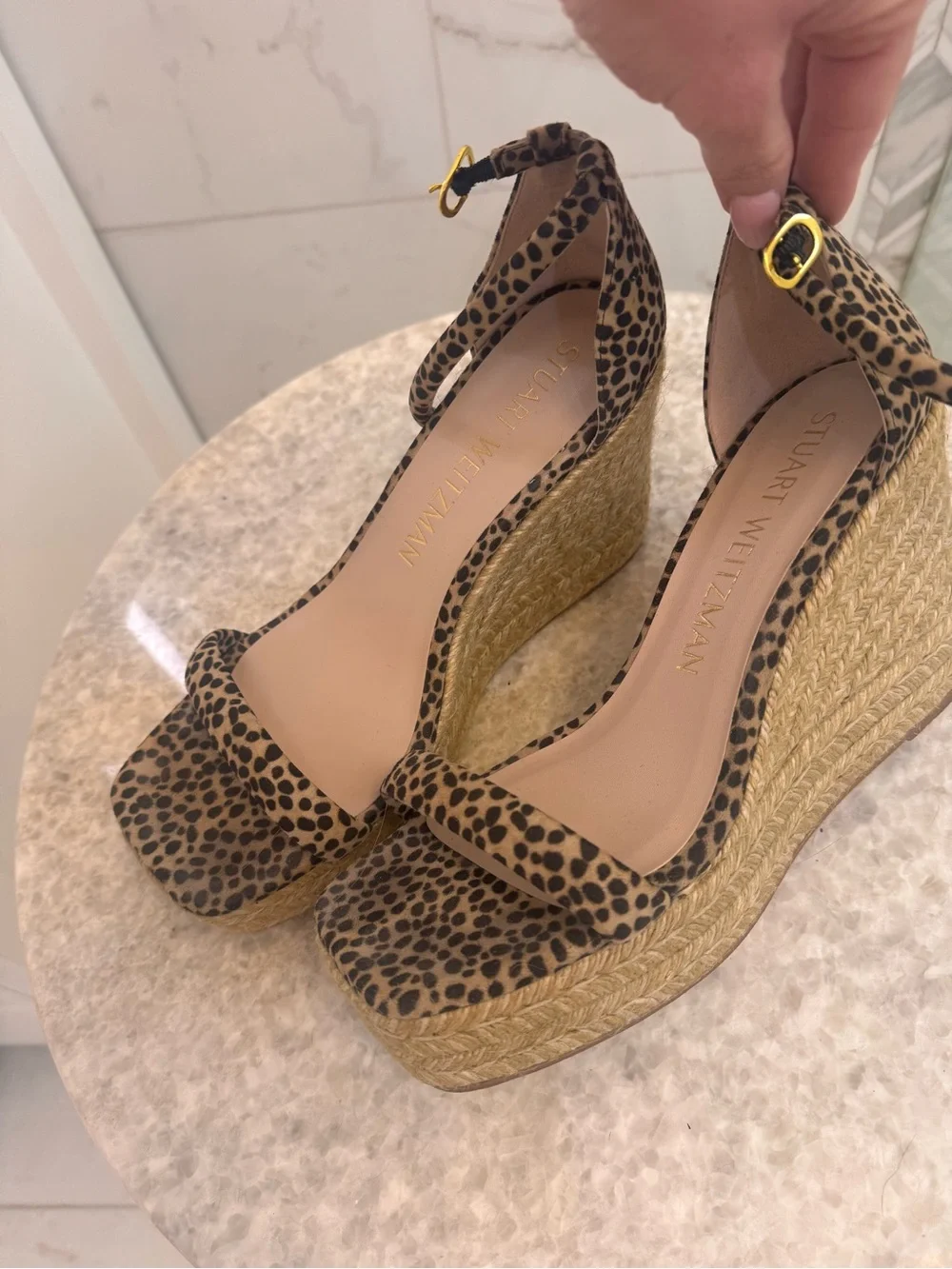 Stuart Weitzman Leopard Print Espadrille Wedge Sandals - Tan/Black